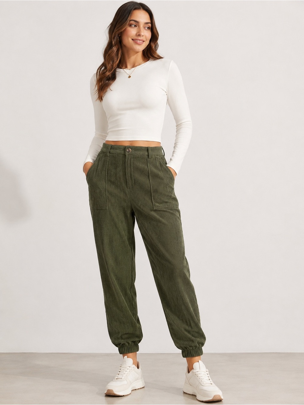 Halara Pants Womens Large Mid Rise Corduroy Casual Joggers Olive Utility